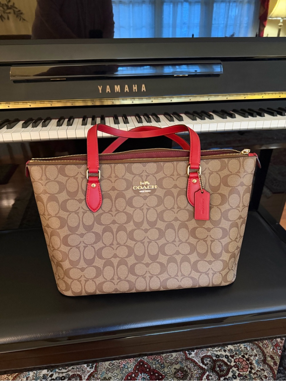 Coach Signature Canvas Tote in Brown with Red Trim